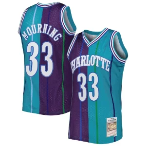 Charming Alonzo Mourning Charlotte Hornets Hardwood Classics 1992/93 Split Swingman Jersey   Teal/Purple to elevate your game - day look