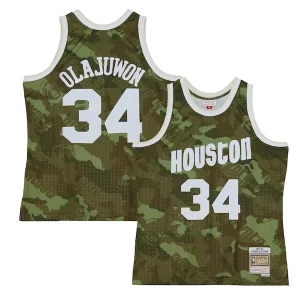 Fantastic Hakeem Olajuwon Houston Rockets Hardwood Classics 1993/94 Ghost Green Swingman Jersey   Camo perfect for showing team spirit