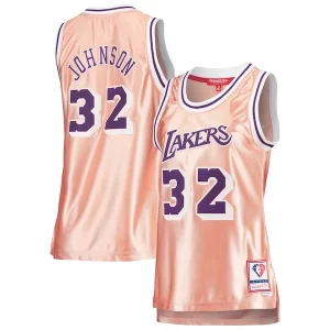 Premium Magic Johnson Los Angeles Lakers Women's 75th Anniversary Rose Gold 1984 Swingman Jersey   Pink to stand out at the arena