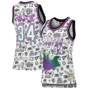 Magnificent Ray Allen Milwaukee Bucks Women's 1996 Doodle Swingman Jersey   White perfect for showing team spirit
