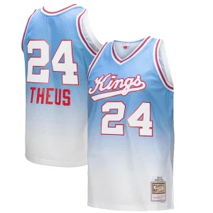 Premium Reggie Theus Sacramento Kings 1985/86 Hardwood Classics Fadeaway Swingman Player Jersey   White/Light Blue to stand out at the arena